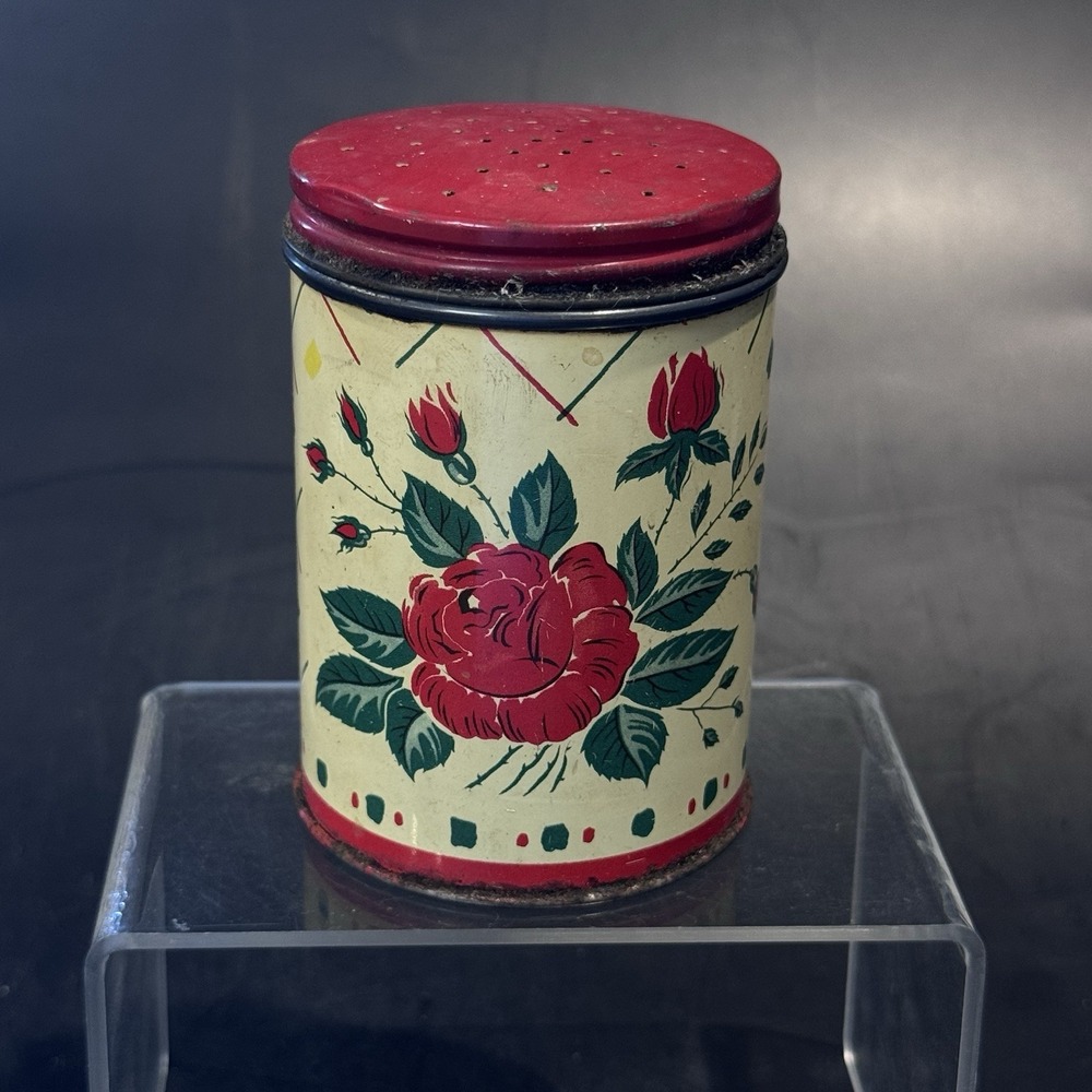 Vintage 40s Tin Pepper Shaker Single Red Rose Lithograph Red Lid‎ Slight Rust